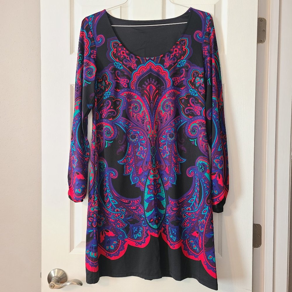 Long Sleeve Paisley Dress w/Ruched Sleeve ~ red, blue, green, black ~ Size Large